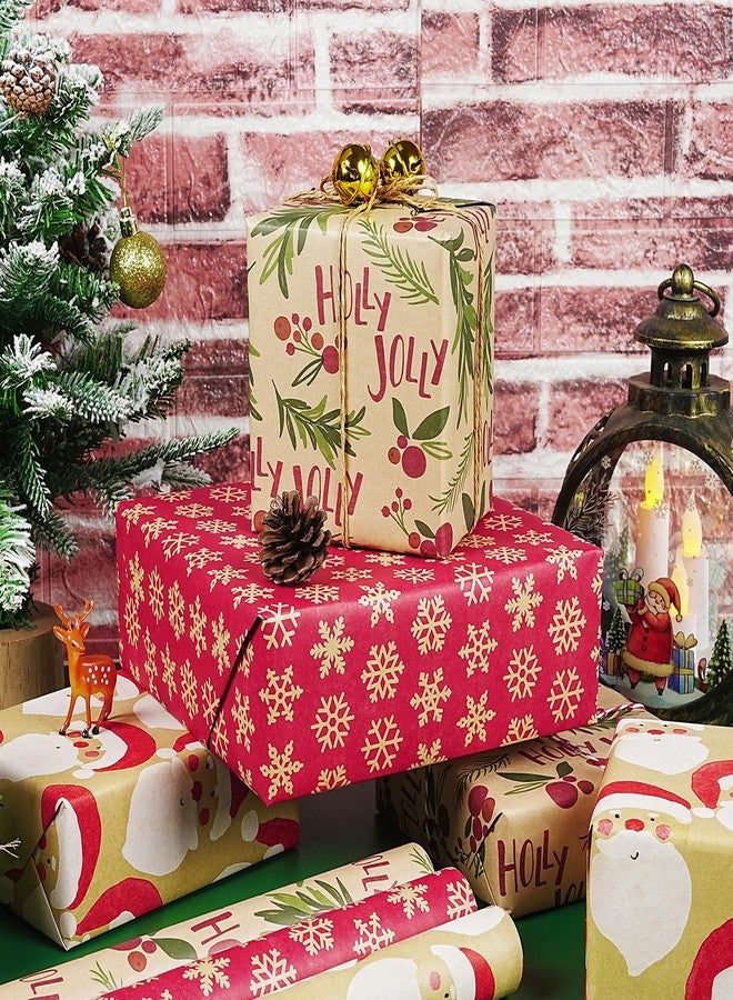 KESTAR Kraft Christmas Wrapping Paper Rolls, Mini Roll - 3 Rolls Red and Brown Xmas Wrapping Paper, Santa Claus, Snowflakes and Holly Jolly Design Gift Wrap Paper for Christmas New Year Holiday Party, 17 x 120 inch Each Roll - Image 4